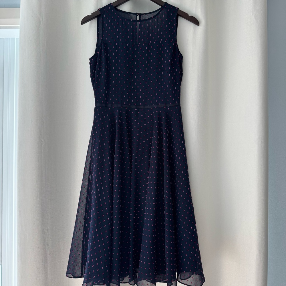 HOBBS London Quality Navy & Pink sleeveless Midi Dress Sheer Collar Back Zip